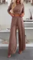 Einfarbiges Oberteil mit weiten Hosen Bequemes Freizeit Zweiteiliges Set für Damen. - XS / Oberteil Und Unterteil / Braun