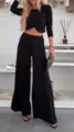 Modisches einfarbiges langärmliges Crop-Top mit eleganter weiter Freizeithose Set. - XS / Oberteil Und Unterteil / Schwarz