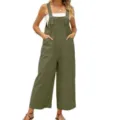 Elegante Salopette Donna Cotone Lino Senza Maniche Gamba Larga Casual con Tasche - 3XL / Verde militare