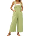 Donna largo cotone lino salopette verde salvia spalline regolabili tuta gamba larga - Verde erba
