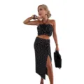 2025 Women Sexy Polka Dot Tube Top And Slit Midi Skirt Two Piece Set Summer Outfits - XS / Black