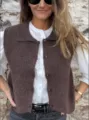 Detail shot of a stylish brown knit vest with lapel, perfect for autumn casual outfit styling. - S / Brown
