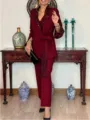 Elegant burgundy two-piece pant suit with sequin lapel and matching belt for women. - S / Top And Bottom / Burgundy