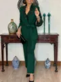 Detailed view of emerald green sequin lapel blazer and pants set with stylish fringe belt. - S / Top And Bottom / Green