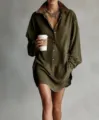 Vintage faux suede contrast lapel mini shirt dress, casual long sleeve button down tunic. - S / Olive Green
