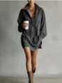 Detailed view of the vintage contrast lapel long sleeve mini shirt dress in dark grey. - S / Gray