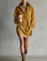 Retro brown suede faux leather spliced mini dress, long sleeve lapel oversized casual shirt. - S / Yellow