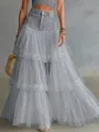 Women denim mesh patchwork maxi skirt high waist layered tulle long skirt detail view - S / Gray