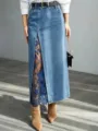 High-waisted washed denim midi skirt featuring a front split and elegant blue lace insert detail. - S / Light Blue