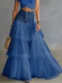 Detail view of blue denim tulle spliced maxi skirt with layered tiered design and high waist. - S / Dark Blue