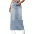 High waist denim long skirt detail, showing raw frayed hem and panel stitching design. - S / Light Blue