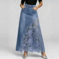 Dames denim rok kant patchwork lang hoge taille bodycon maxi rok elegant casual - S / Lichtblauw