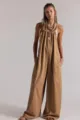 Khaki loose casual wide-leg strap jumpsuit for women, comfortable daily wear variant. - Khaki