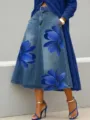 Jupe en jean imprimé floral bleu variante avec haut et ceinture assortis pour le quotidien. - S / Fleur Bleue