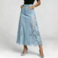 Denim lace patchwork maxi skirt high waist elegant casual stylish ladies long skirt - S / Light Blue
