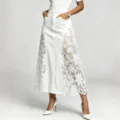 White denim maxi skirt with exquisite floral lace side panels, high waist and bodycon fit. - S / White