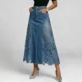 Women washed denim lace patchwork maxi skirt, high waist bodycon long skirt for daily wear. - S / Dark Blue