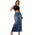 High waist denim mermaid skirt, frayed hem long skirt, elegant casual women's apparel. - S / Dark Blue