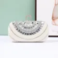 Elegant pearl crystal evening clutch bag with metal ring handle for women party wedding - White