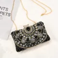Luxury black beaded evening clutch bag with gold chain for women party wedding prom. - Black