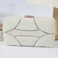 Elegant white pearl clutch bag with sparkling rhinestones for evening party and wedding. - Beige