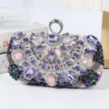 Luxury rhinestone evening clutch bag with purple pink crystals and metal ring handle for party. - Silver