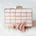 Acrylic evening clutch bag for women, elegant square pattern rose gold party handbag. - Silver Beige