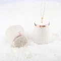 Elegant beaded pearl bucket bag for women, stylish handbag with metal clasp for party evening use. - Premium Edition Gold