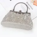 Vintage silver beaded evening bag for women, handmade rhinestone clutch for wedding party. - White