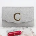 Silver glitter evening clutch bag with gold letter C hardware for women party dress. - Silver