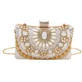Luxury beaded evening clutch bag for women, elegant satin material with rhinestones and metal chain. - White
