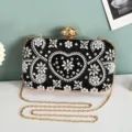 Black satin rhinestone evening clutch bag, elegant pearl beaded party shoulder chain bag. - Black