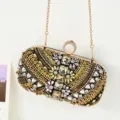 Elegant beaded rhinestone evening clutch bag with ring handle and chain strap for women - Black