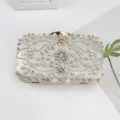 Elegant silver satin evening clutch bag with handmade rhinestone and pearl bead embroidery for parties. - Silver