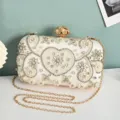 Handmade pearl rhinestone evening bag, elegant white satin clutch with gold chain for women. - Silver