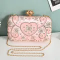 Pink satin evening clutch bag with sparkling rhinestones, pearls and golden chain. - Pink