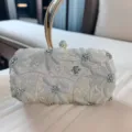 Handmade beaded rhinestone evening clutch bag with elegant floral embroidery and metal handle. - Gold