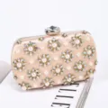 Champagne satin evening clutch bag with sparkling rhinestones and pearl floral design for women - Gold
