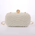 White pearl evening clutch bag elegant wedding party handbag with gold chain strap - Gold Hardware