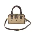 Women polka dot shoulder bag, casual PU leather brown boston handbag with adjustable strap. - Khaki
