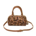 Leopard Print Boston Handbag Women Shoulder Crossbody Bag with Brown Leather Trim - Brown