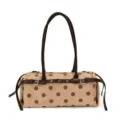 Women stylish polka dot shoulder bag PU leather brown underarm baguette casual daily handbag - L / Khaki