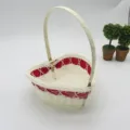 Heart-shaped white wicker storage basket with red ribbon detail and single woven handle. - Heart Shape No. 3 (15*14*H17cm) / Red & White Striped Handheld Basket