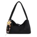 Ein stilvoller schwarzer Damen-Umhängetasche mit Strohblumen-Anhänger, lässige Handtasche. - Schwarz