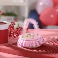 Close-up of pastoral style woven storage basket with pink plaid lace trim and handle. - Top Diameter 9cm, 10cm with Handle, 4cm without Handle / Pink Plaid Handle with Lace