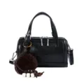 Black Boston handbag for women casual commuter shoulder bag with fluffy pom pom charm. - With Pendant / Black