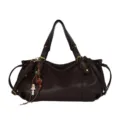 Borsa tote da lavoro in morbida pelle marrone scuro, design plissettato retro con ciondolo. - con portachiavi / Caffè