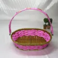 Pink and gold woven wicker basket with handle, perfect for gift packing, fruit and bread storage. - S / Pink-Purple (Brown Rim)