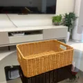 Detailed shot of rectangular woven storage basket, perfect for home organization and snacks. - Rectangular Storage Basket / Large (36x26x12cm) / Natural Wood Color