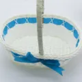White wicker flower storage basket with blue ribbon and handle for gift packaging SKU - Oval Basket No. 4 (22*15*21cm) / Dark Blue